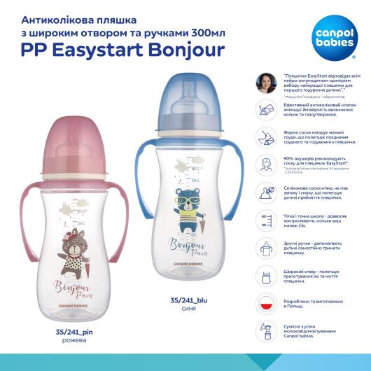 Cb Пляшка антиколікова з широким отвором та ручками 300мл PPEasystart BonjourParis рожева - 3
